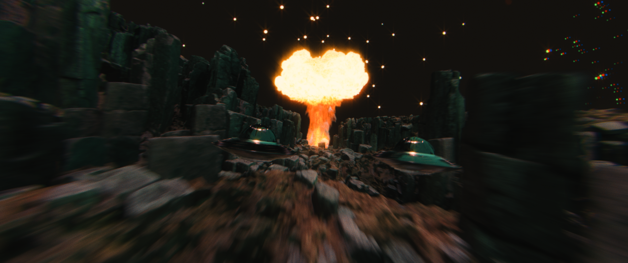 Bomb explodes near flying saucers over a red planet – The Galactic Ghoul film still